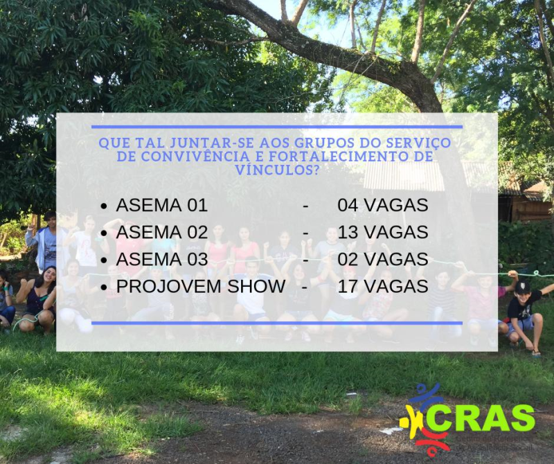 ABERTAS INSCRIÇÕES PARA GRUPOS DO CRAS